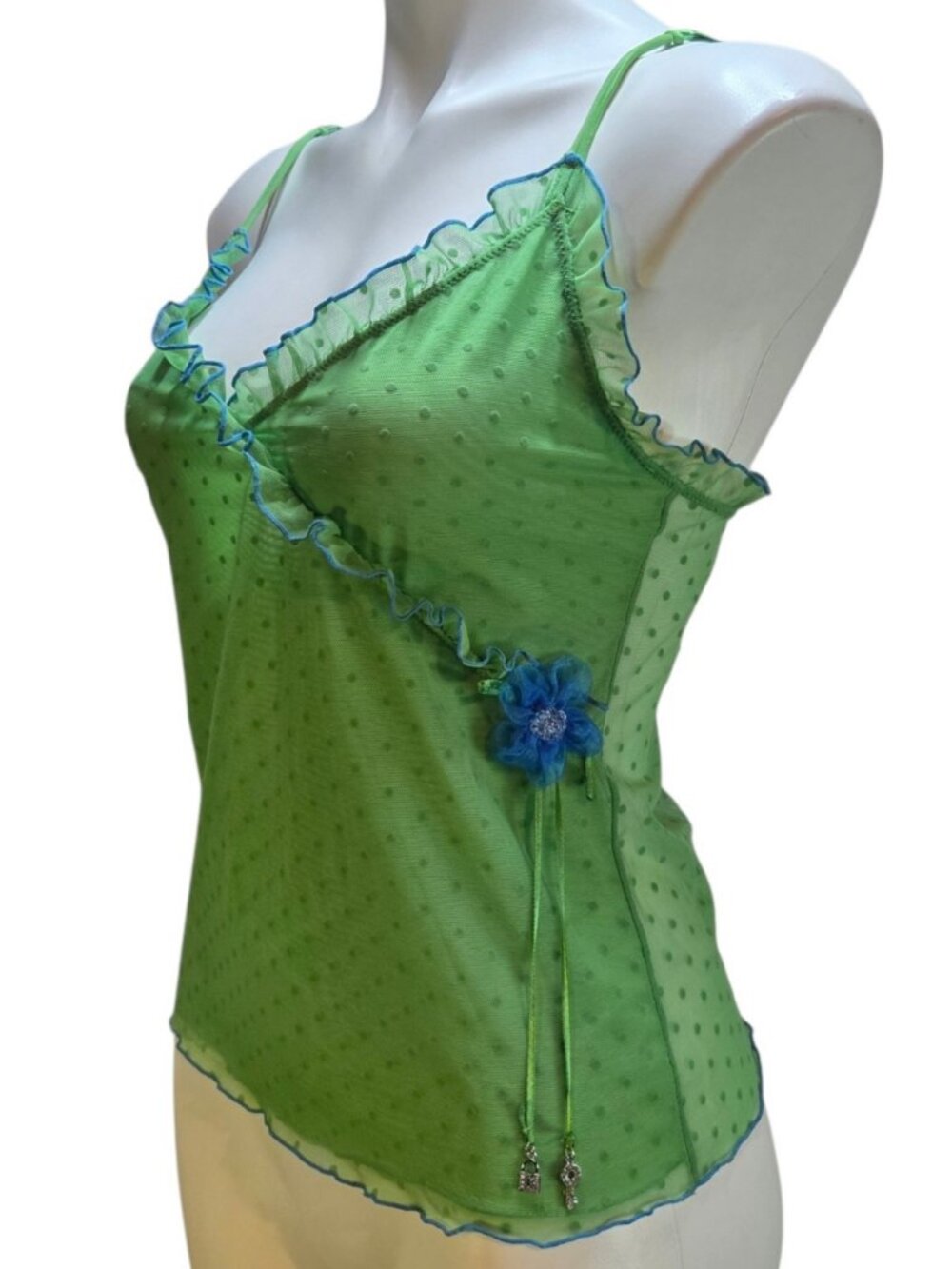 Vintage Y2K Delicates Cami Fits Medium Sheer Lingerie Green Blue Lock Key Charm